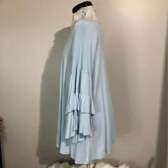 3X R Rouge Boutique Long Ruffled Sleeves Light Blue Blouse Key Hole Front C5155 - Picture 3 of 6
